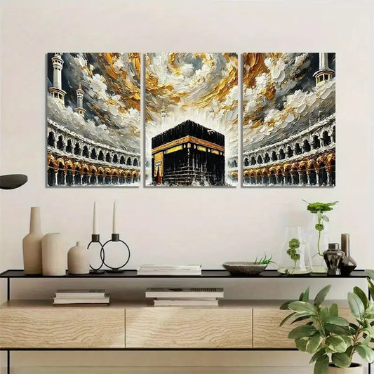 Khana Kaaba Wooden Wall Art – 3-Piece Islamic Frame Set (8×11 Inch)