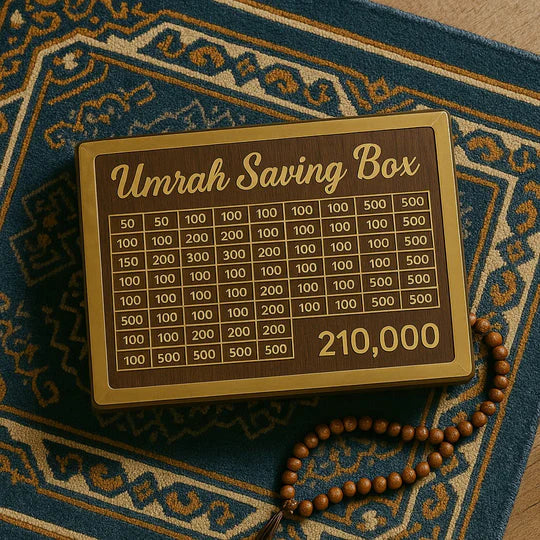 Umrah Saving Box, Wooden Lockable, 210,000 PKR Goal Tracker, Donations & Umrah Fund